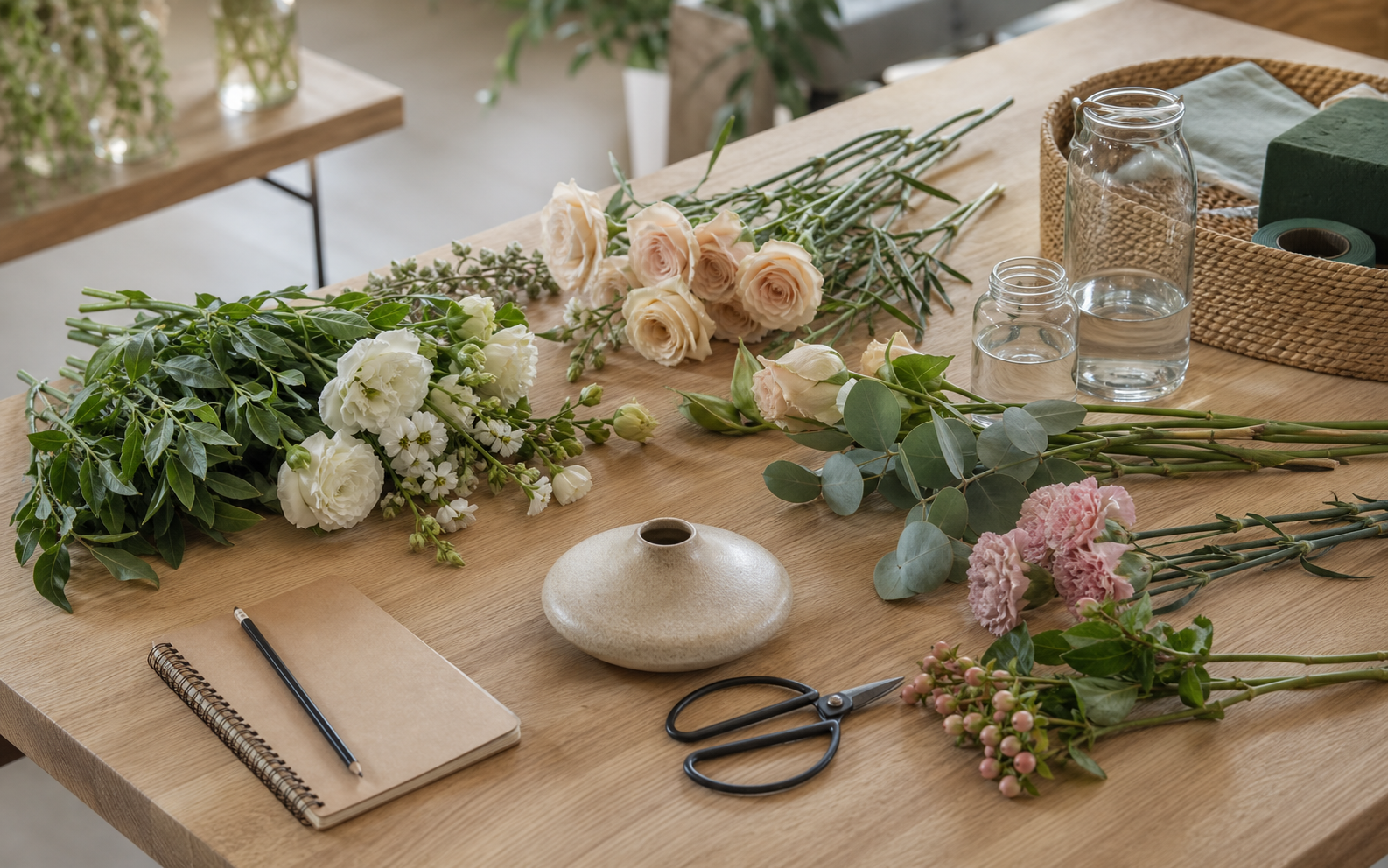 フラワーレッスン用の花材と道具を並べたテーブル